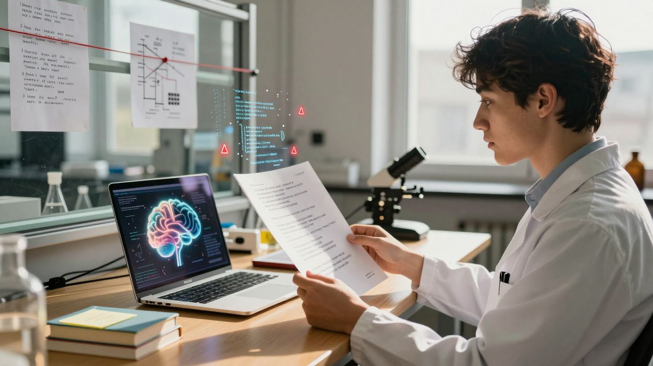 Jovem cientista em laboratório analisa documento enquanto ao lado tem um portátil com imagem digital de cérebro.