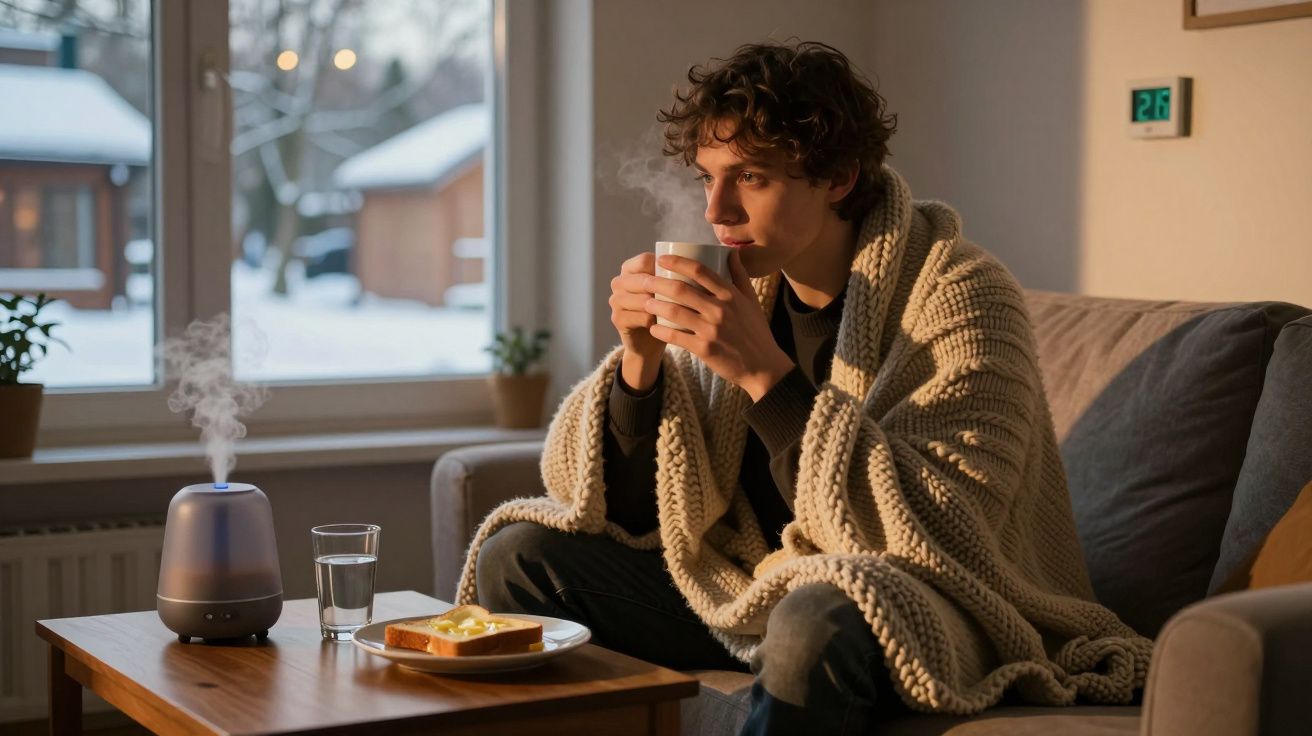 Pessoa embrulhada em manta a beber chá num sofá, com janela a mostrar neve lá fora.