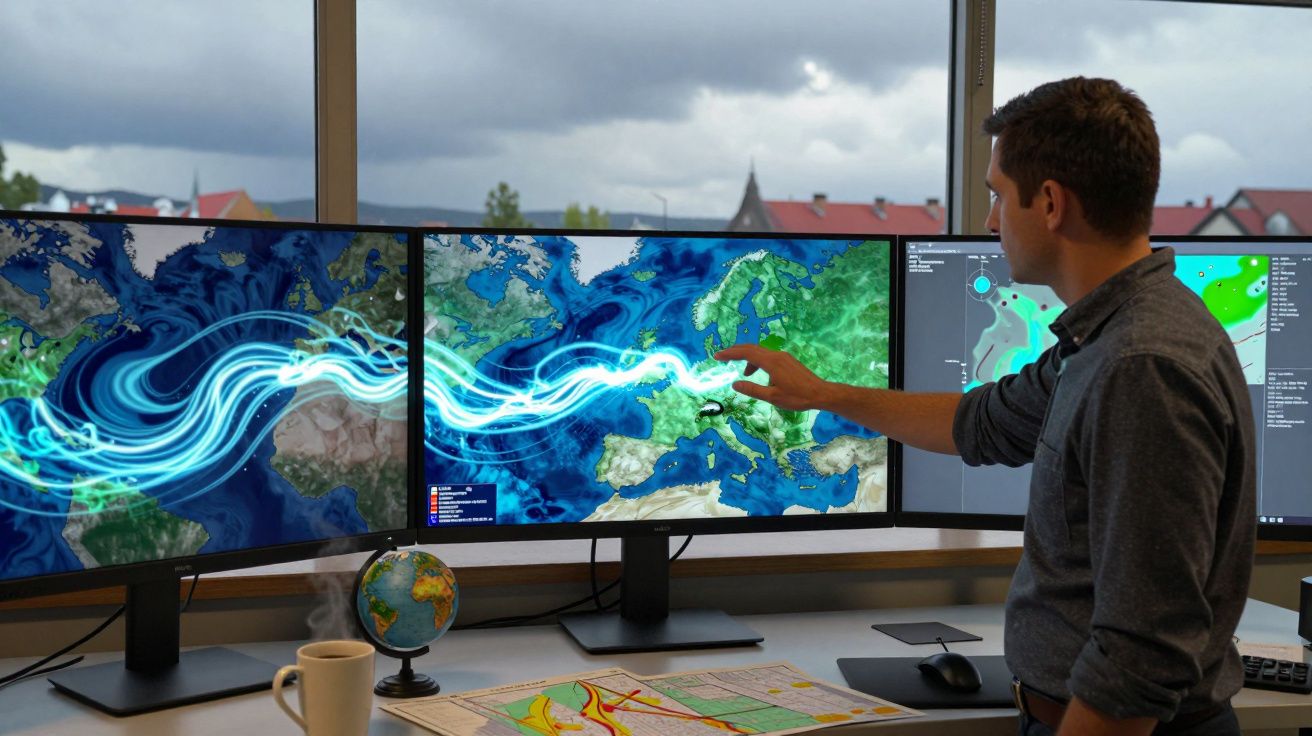 Homem analisa padrões de correntes oceânicas exibidos em múltiplos ecrãs num escritório com vista para uma cidade.