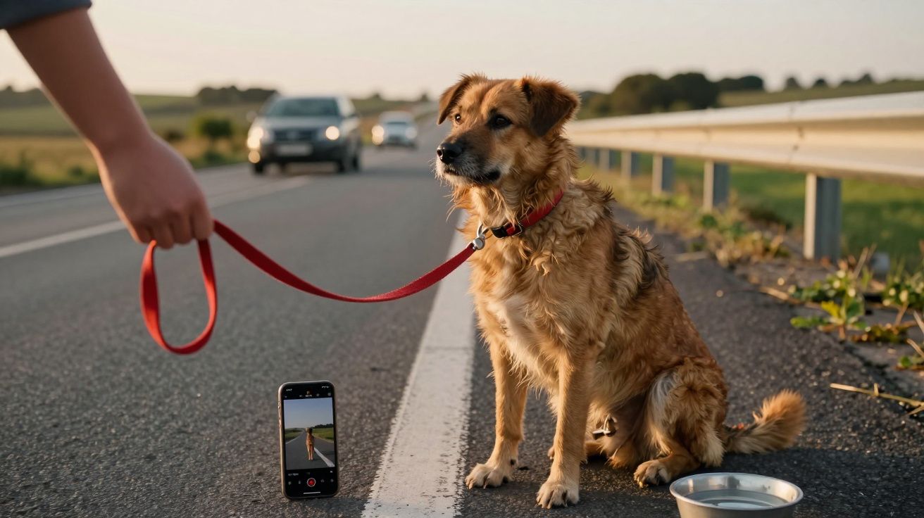 Cão castanho sentado na berma da estrada, preso a trela vermelha segura por uma pessoa.
