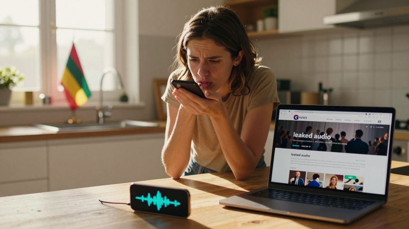 Mulher escuta mensagem de voz no telemóvel com expressão preocupada, junto a computador portátil aberto.