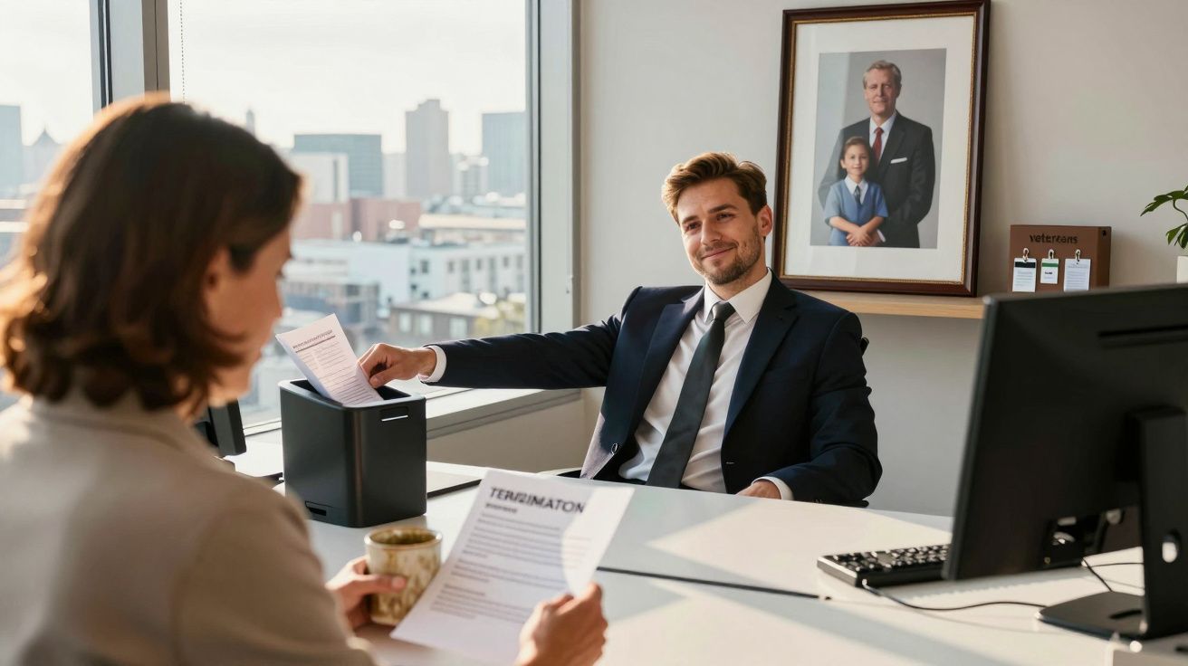 Homem de fato sentado numa mesa a destruir documento enquanto mulher lê papel numa sala de escritório moderna.