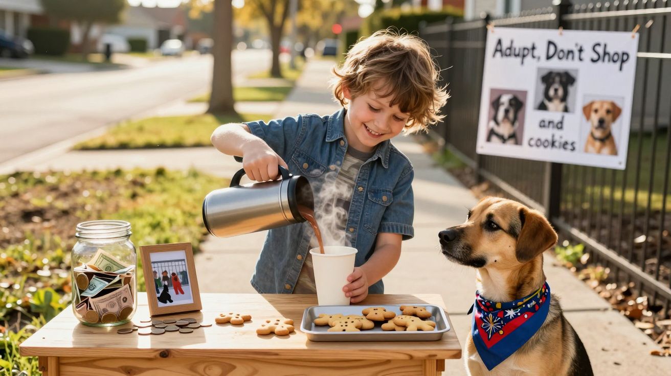 Criança a servir bebida quente numa banca de bolachas para cães, com cão ao lado e placa de adoção.