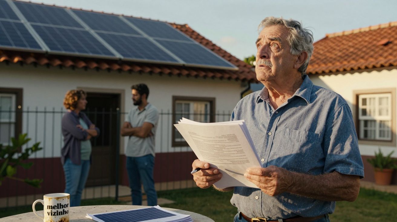 Homem idoso com documentos em mãos na varanda de casa com painéis solares, enquanto casal discute ao fundo.