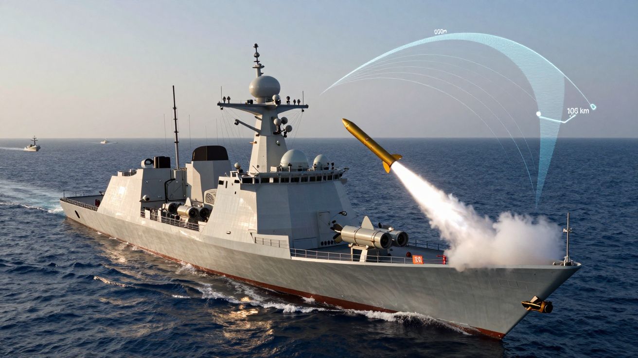 Porta-aviões a navegar no mar com míssil a ser lançado da parte dianteira, acompanhado por gráfico do seu percurso.