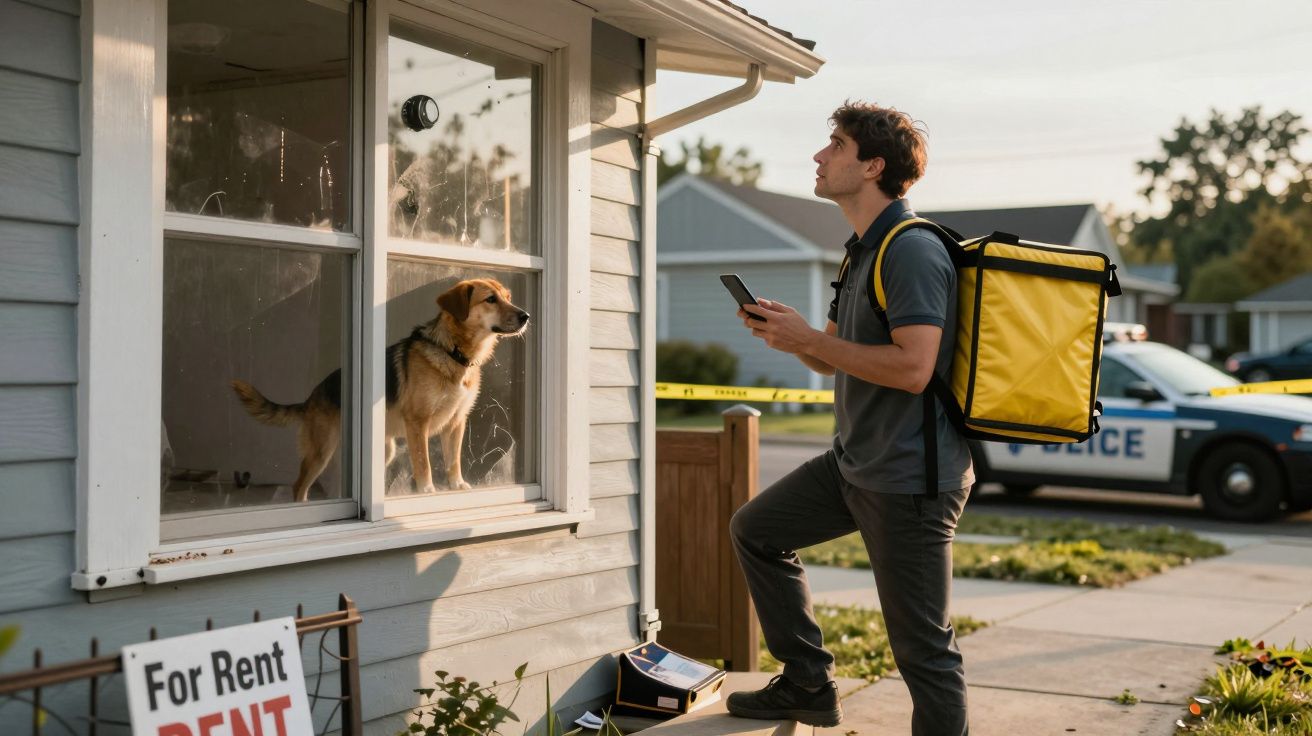 Homem com mochila de entregas olha para cão na janela de casa com viatura da polícia ao fundo.