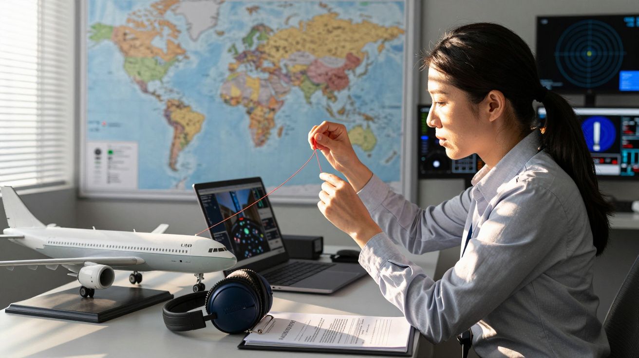 Mulher a trabalhar em simulação aérea com modelo de avião e computador numa sala com mapa-mundo.