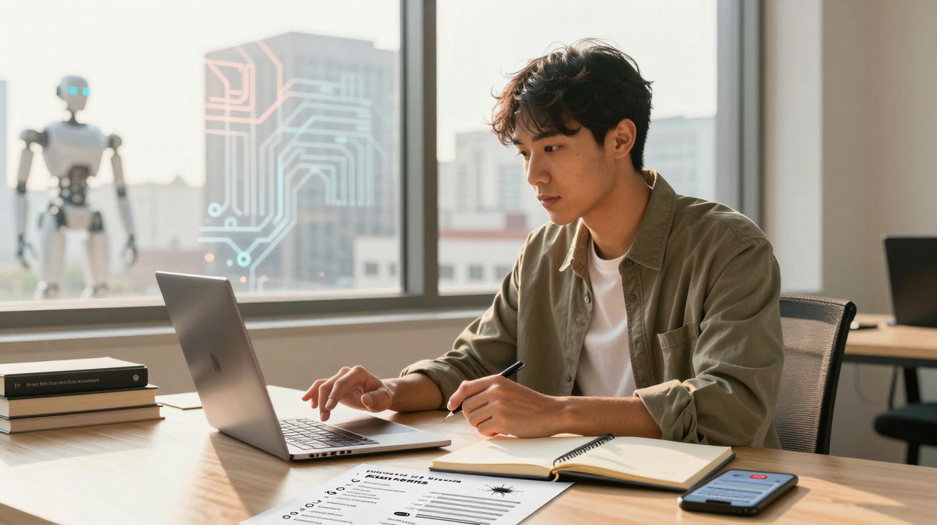 Jovem a trabalhar num portátil com notas, smartphone e um robô visível pela janela numa sala iluminada.
