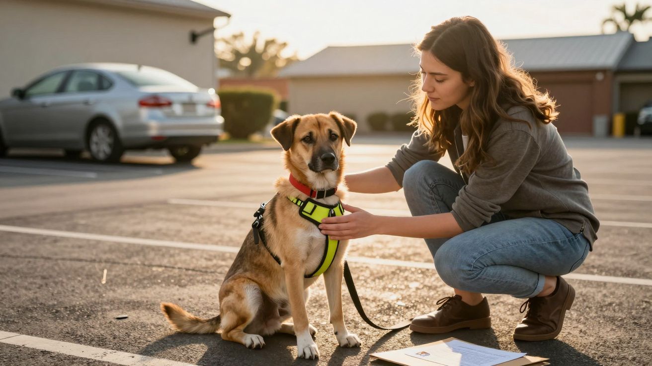 Mulher agachada a colocar coleira a cão sentado num parque de estacionamento ao pôr do sol.