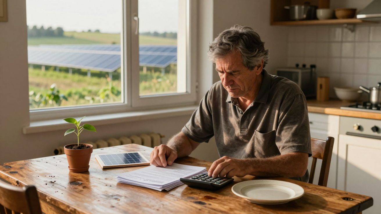 Homem calcula despesas com energia solar numa cozinha, com painéis solares visíveis pela janela.