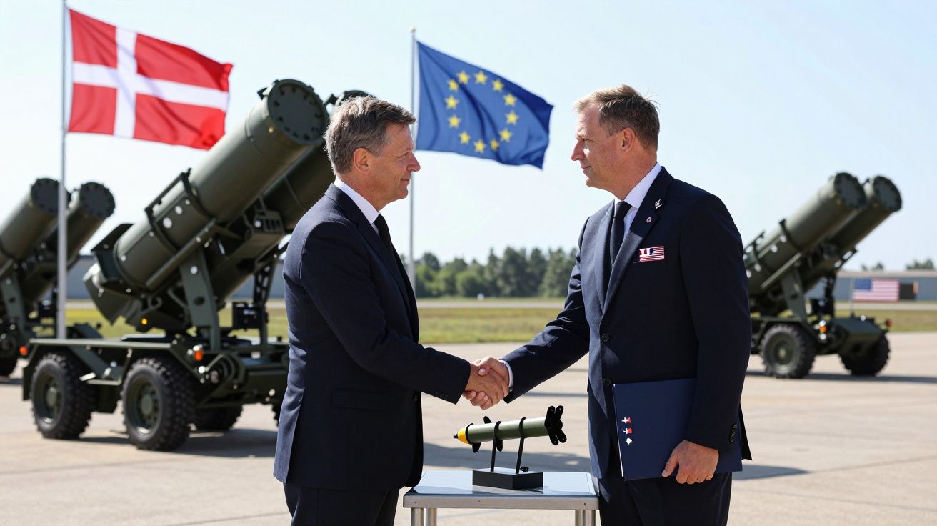 Dois homens de fato apertam as mãos em evento militar com mísseis e bandeiras da Dinamarca e União Europeia ao fundo.