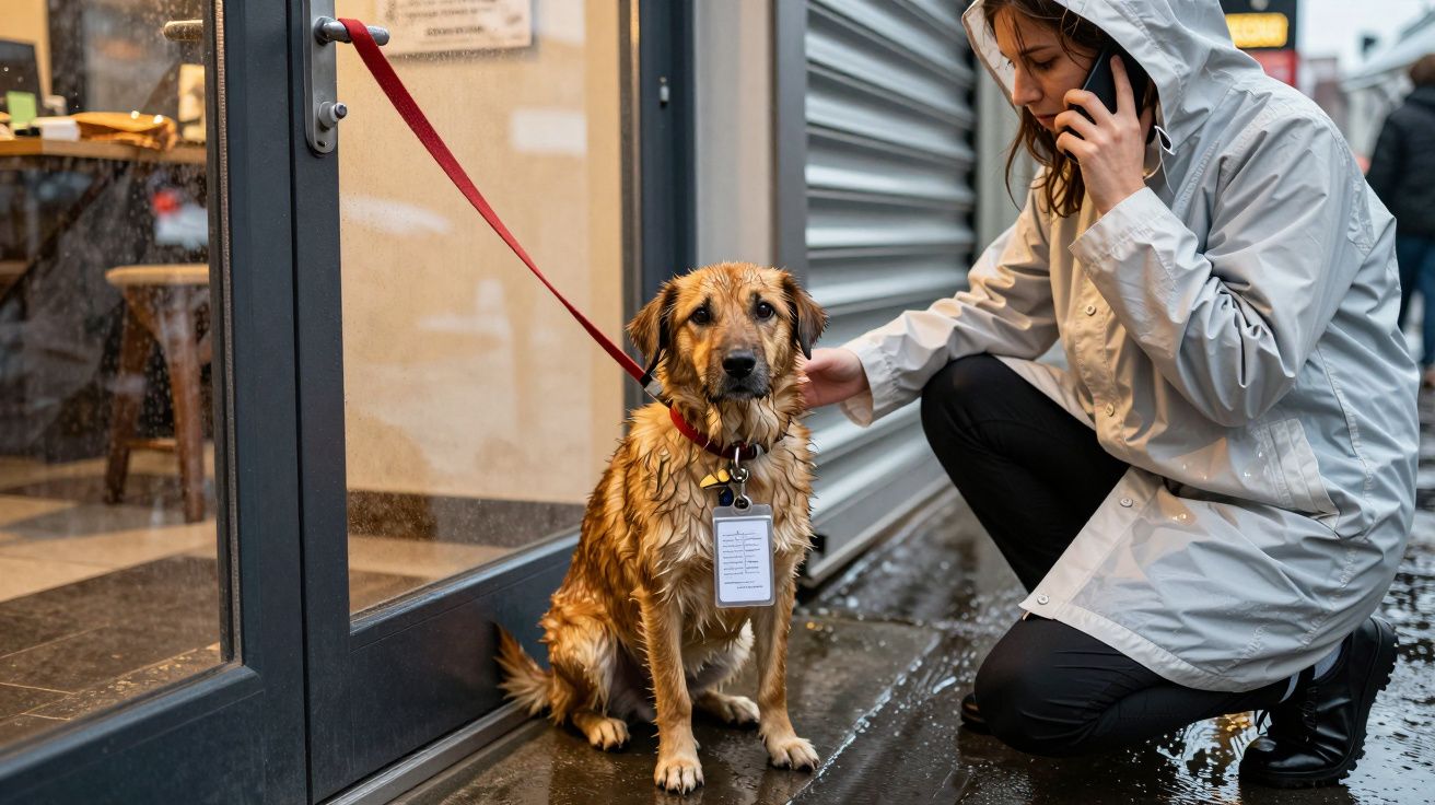 Mulher com impermeável a falar ao telemóvel e a acariciar cão molhado preso numa porta de vidro.