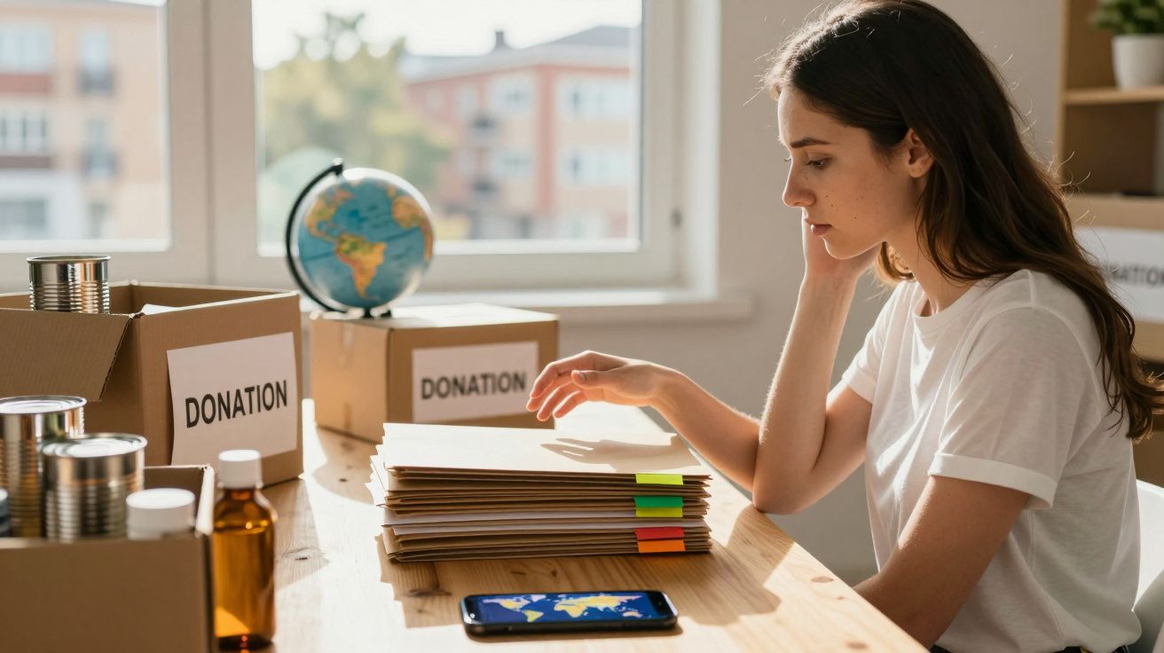 Mulher a organizar pastas numa mesa com caixas de donativos e um globo terrestre ao fundo.