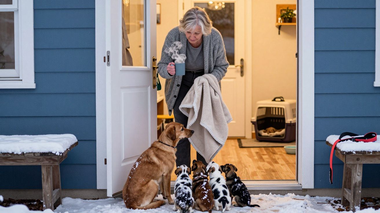 Mulher com chá quente e manta conduz quatro cachorros para dentro de casa num dia de neve.
