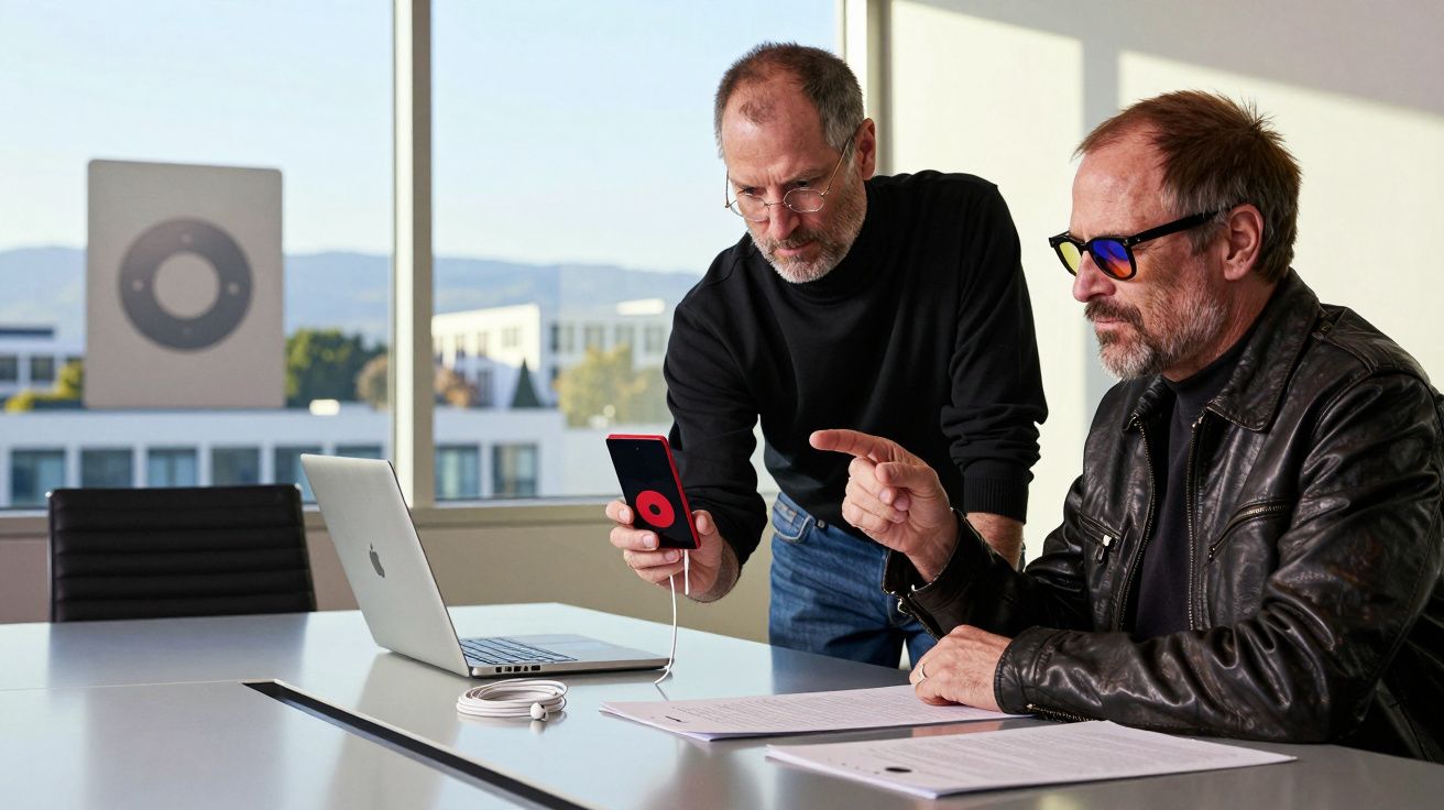 Duas pessoas a discutir um smartphone em frente a um computador portátil numa sala iluminada com vista para o exterior.