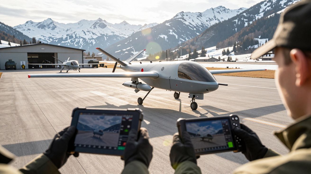 Dois militares controlam drones cinzentos numa pista de aterragem com montanhas nevadas ao fundo.