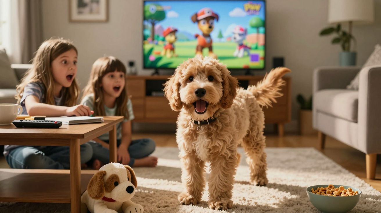 Cão alegre em tapete com duas crianças sentadas surpreendidas e televisão com desenho animado ao fundo.