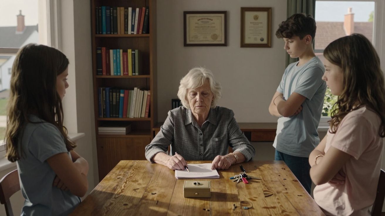 Senhora idosa sentada a escrever à mesa enquanto três crianças a observam de braços cruzados.
