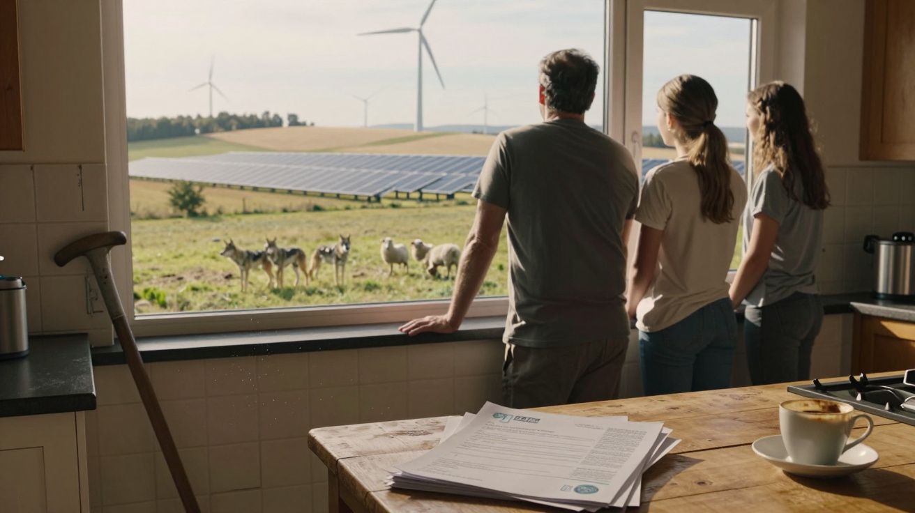 Três pessoas observam rebanho e turbinas eólicas com painéis solares através de janela de cozinha.