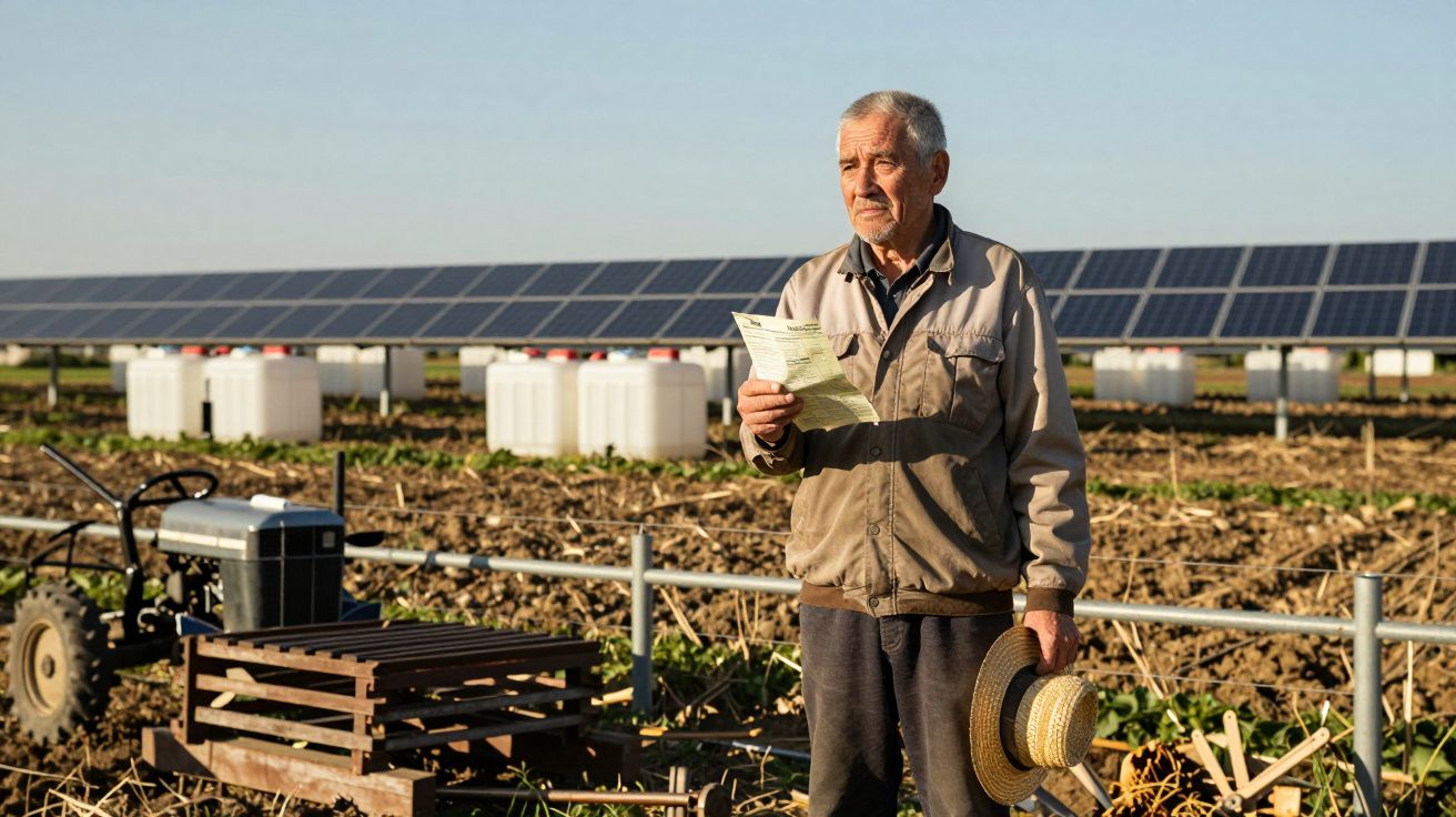 Homem idoso com chapéu na mão lê documento numa quinta com painéis solares ao fundo.