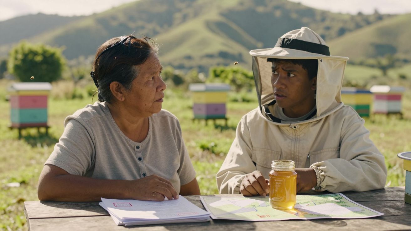 Duas pessoas sentadas ao ar livre, uma com roupa de apicultor, com um frasco de mel sobre a mesa.