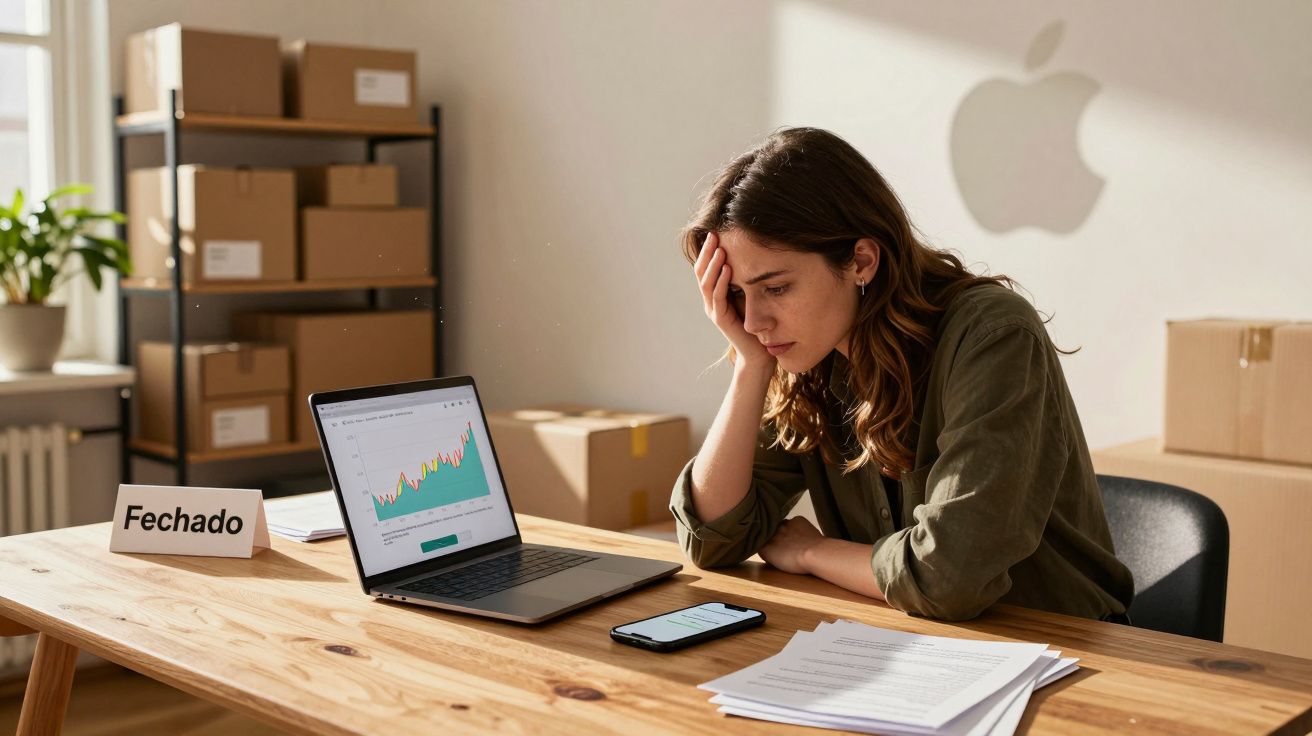 Mulher preocupada sentada numa secretária com portátil, telemóvel e documentos, placa "Fechado" visível.