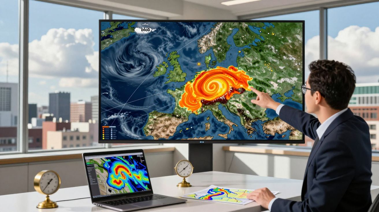 Homem analisa mapas meteorológicos com imagens de tempestades numa grande tela curva e num portátil dentro de escritório mode