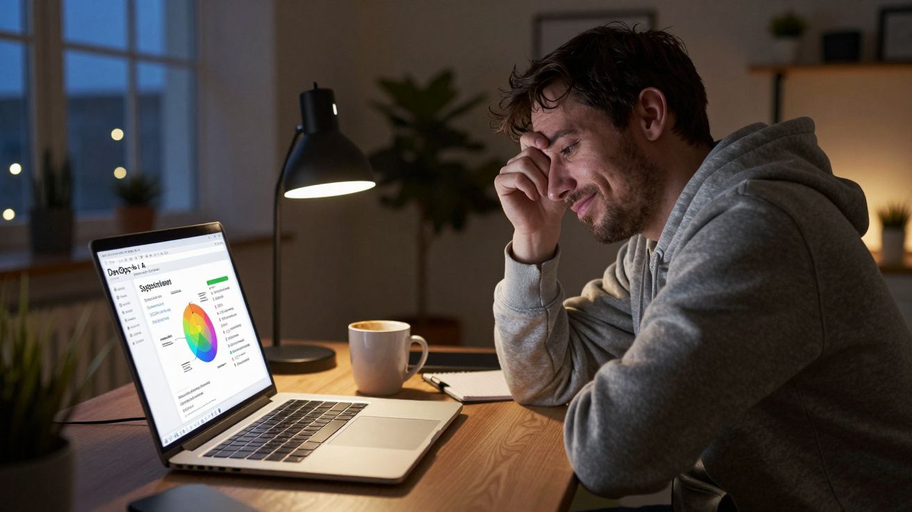 Homem sentado a trabalhar no portátil à mesa com gráfico colorido no ecrã, ao final do dia.