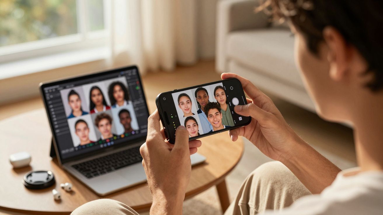 Pessoa segura telemóvel com fotos de rostos enquanto ao fundo está laptop com software de edição de imagens aberto.