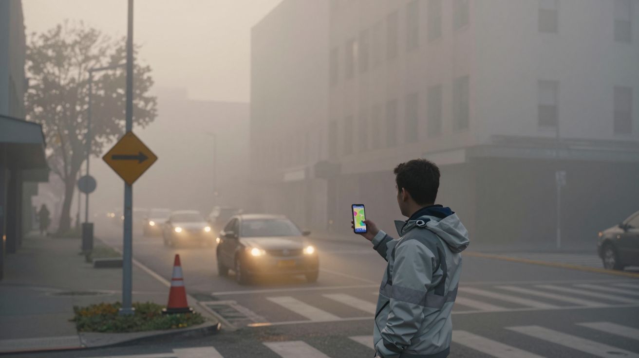Homem com casaco cinzento a olhar para telemóvel num cruzamento urbano com tráfego e nevoeiro intenso.
