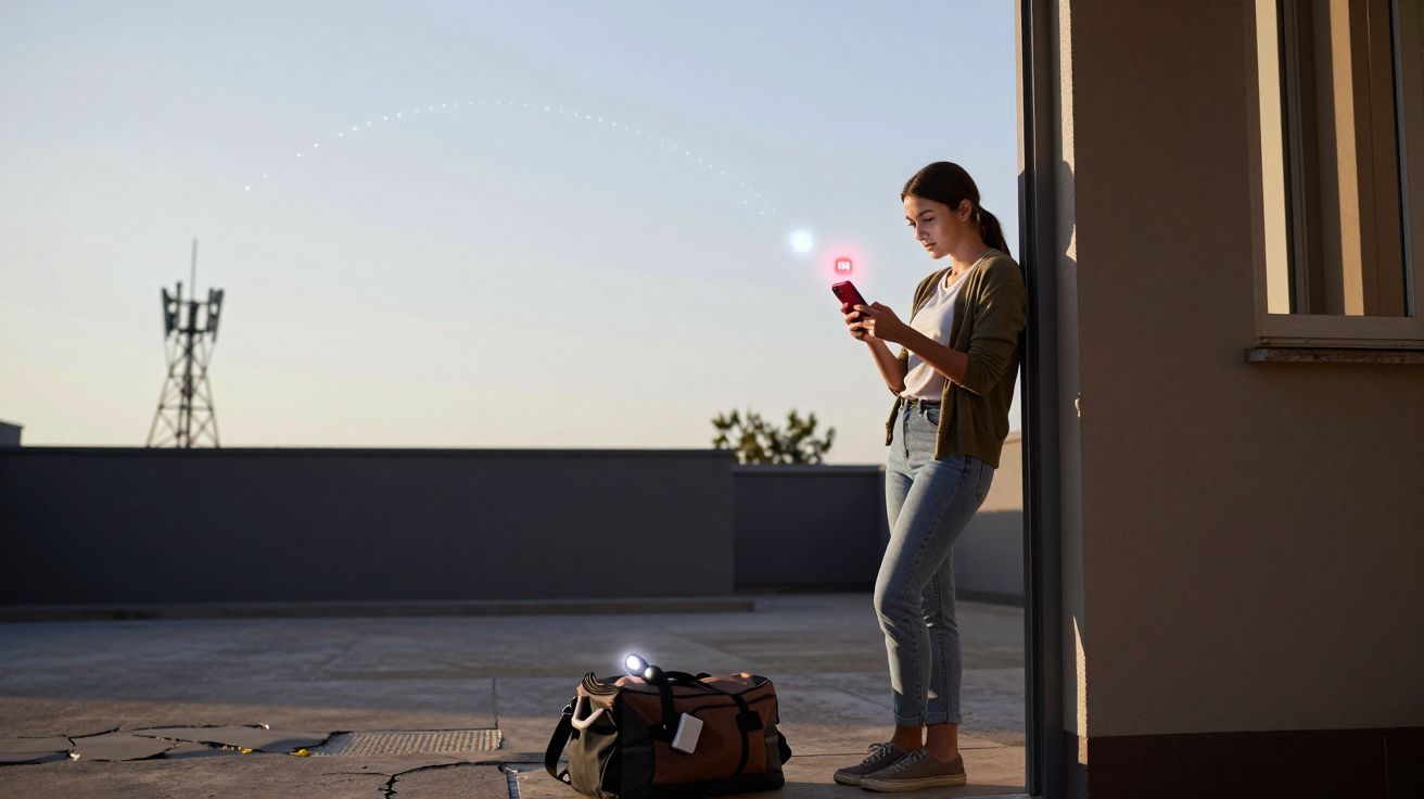 Mulher encostada numa parede a enviar mensagem no telemóvel numa área exterior ao entardecer.