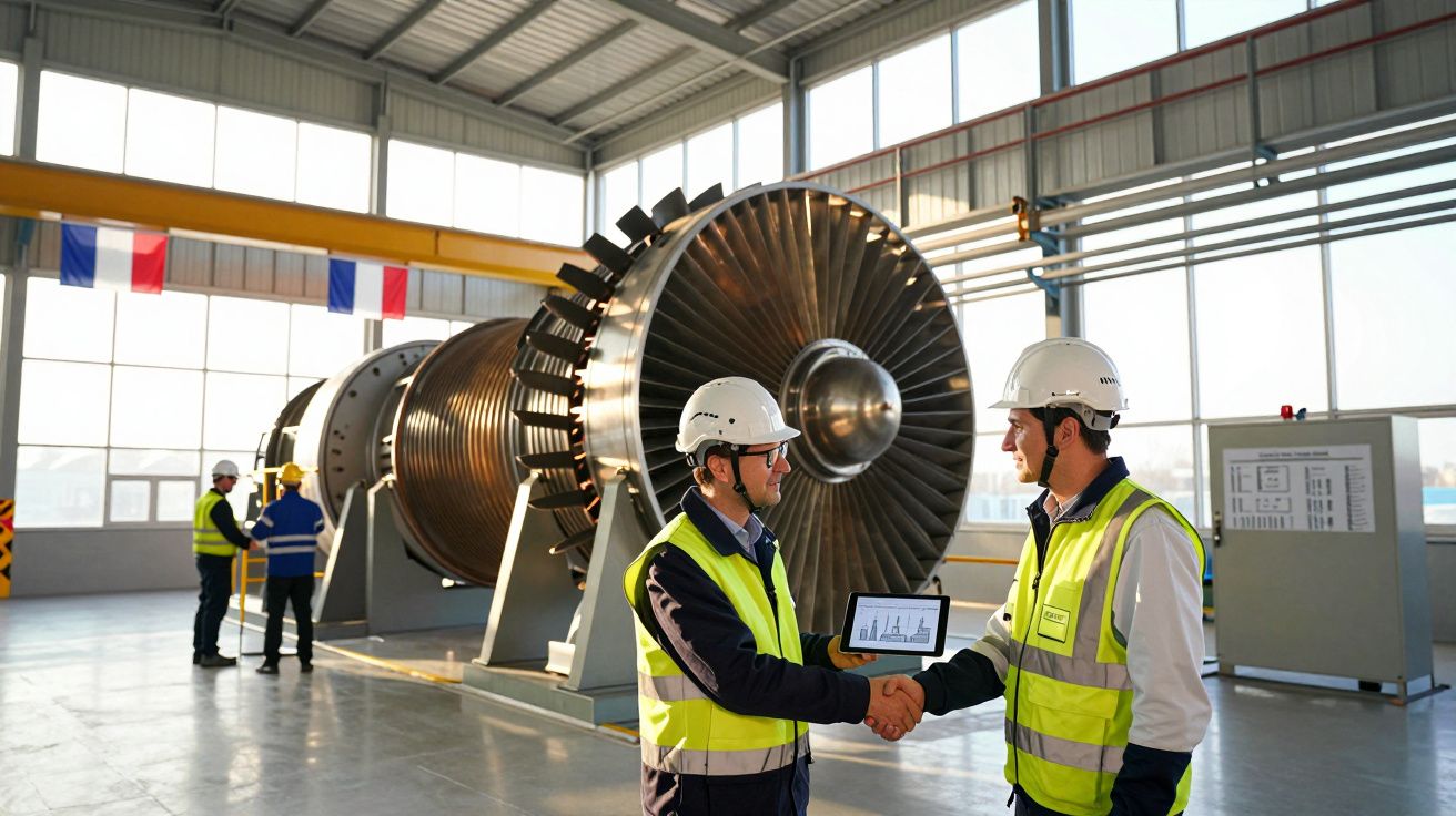 Dois engenheiros com coletes e capacetes apertam as mãos em frente a uma grande turbina industrial numa indústria.