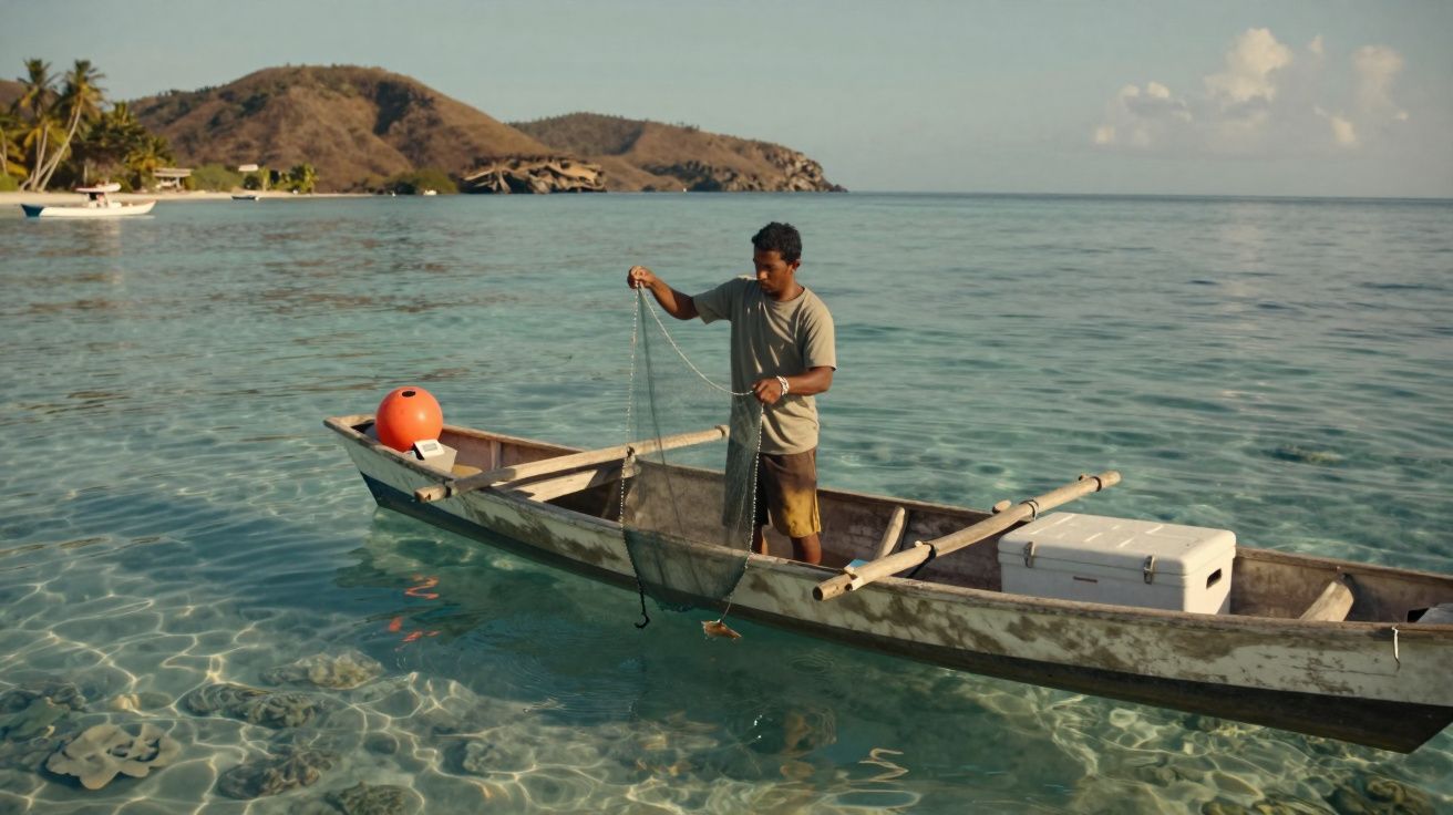 Homem a pescar numa canoa em águas cristalinas junto a uma ilha com colinas e palmeiras ao fundo.