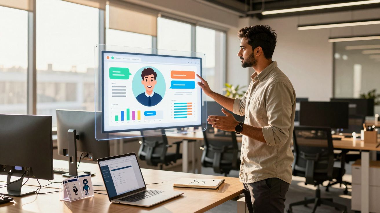 Homem a apresentar dados e gráficos num ecrã transparente numa sala de escritório moderna e iluminada.