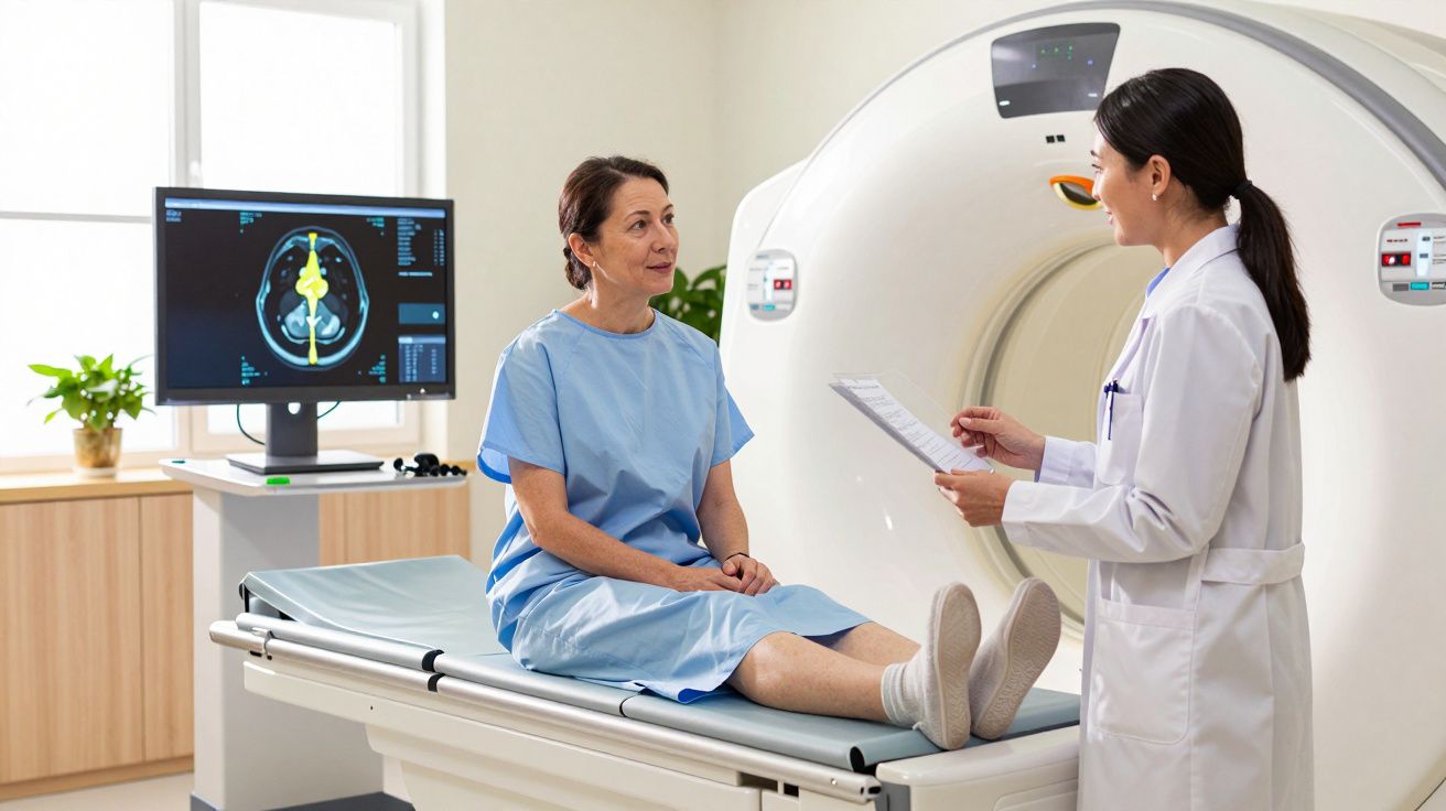 Paciente feminina sentada em maca de tomografia a conversar com médica num consultório de exames.