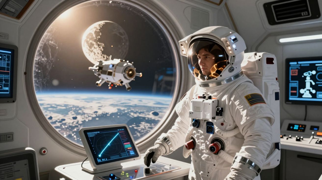 Astronauta com fato espacial a operar equipamento dentro de estação espacial com vista da Terra e Lua pela janela.