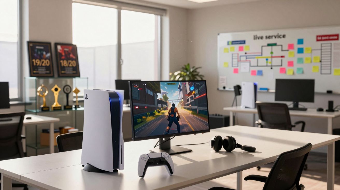 Consola PlayStation 5 com comando, auscultadores e monitor a mostrar jogo num escritório moderno e iluminado.