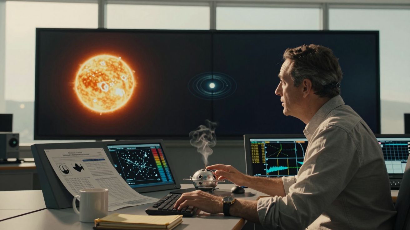 Homem sentado em escritório com ecrãs mostrando o Sol e gráficos, a usar incenso aromático na secretária.