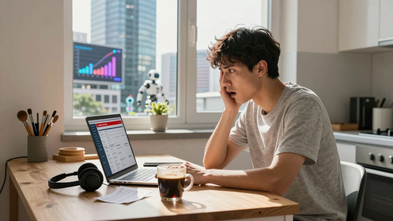 Jovem preocupado sentado à mesa a trabalhar no portátil numa cozinha moderna iluminada pela janela.