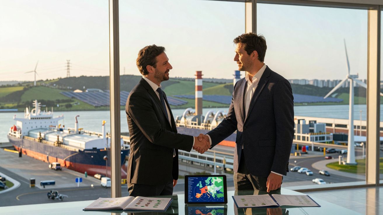 Dois homens de fato apertam as mãos num escritório com vista para um porto e turbinas eólicas.