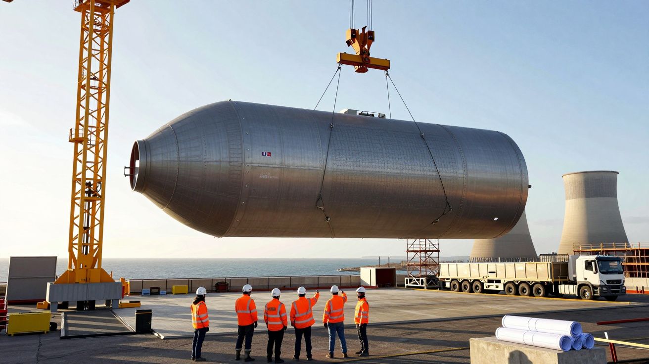 Operários em coletes reflectores observam vaso de pressão metálico suspenso por grua numa central industrial.