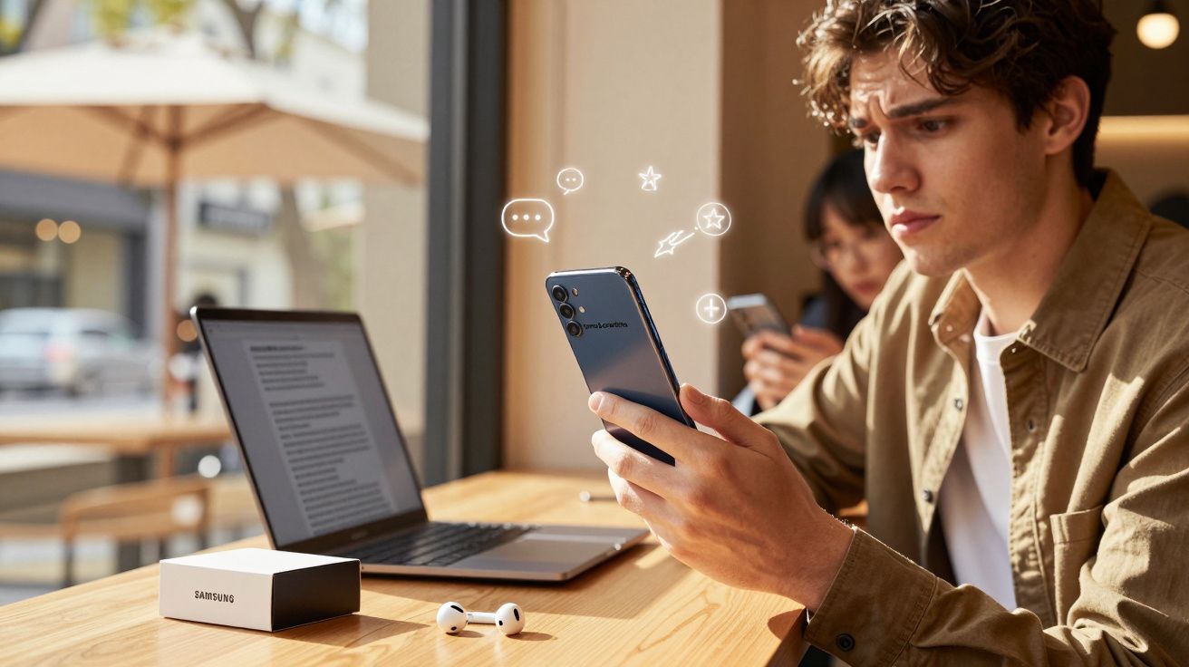 Homem a usar telemóvel Samsung num café, com computador portátil e auscultadores na mesa.