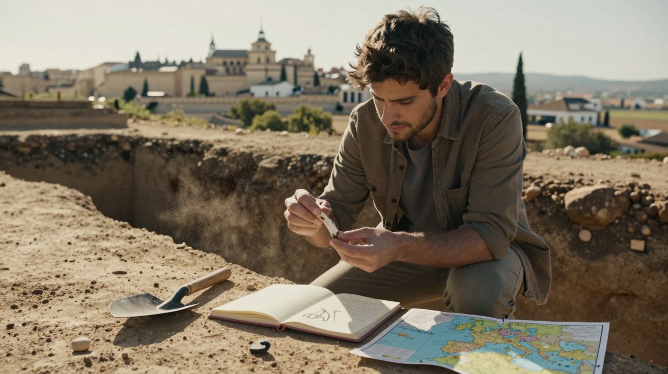 Arqueólogo jovem examina artefacto desenterrado, com caderno de notas e mapa aberto ao lado, em escavação.