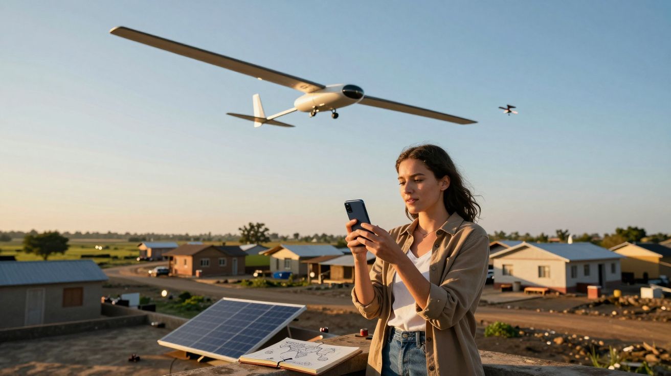 Jovem com telemóvel observa drone voar sobre área rural com painéis solares ao pôr do sol.