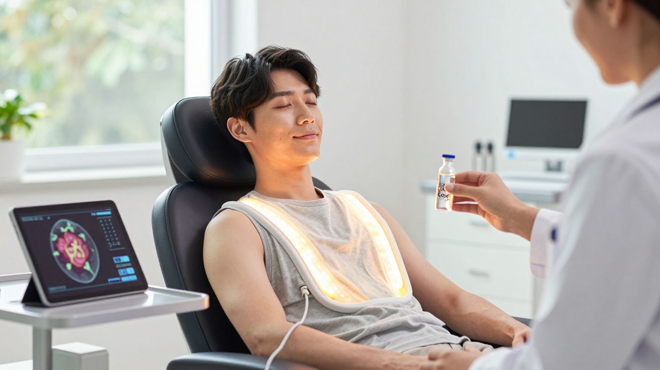 Homem jovem relaxa numa cadeira médica enquanto recebe tratamento com dispositivo iluminado ao peito.
