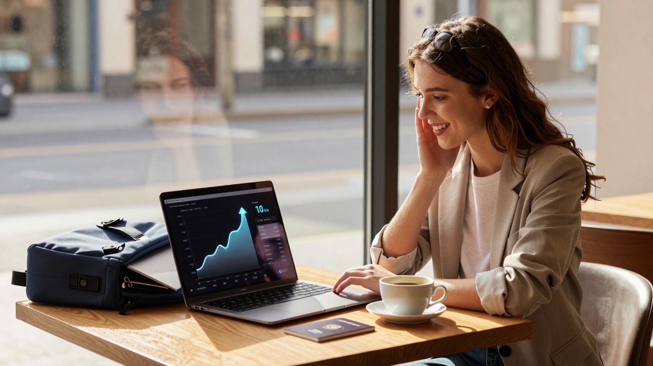Mulher sorridente a trabalhar num gráfico de crescimento num portátil, num café com vista para a rua.
