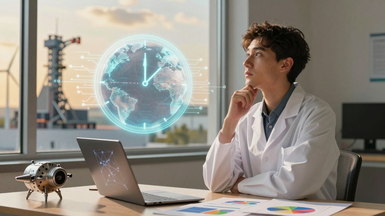 Cientista jovem em bata branca a pensar, com holograma do planeta Terra e relógio digital à sua frente.