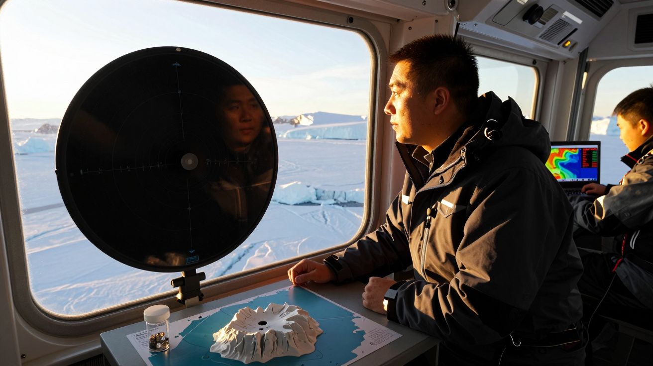 Homem a observar o exterior gelado através de uma janela, com maquete e equipamento tecnológico à sua frente.