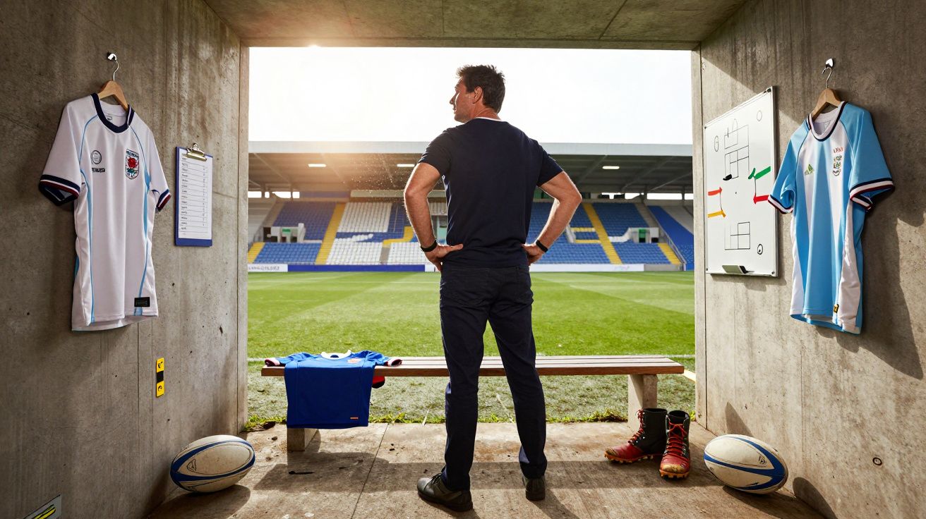 Homem de pé de costas olhando para um campo de rugby, com camisas e bolas de rugby ao redor.