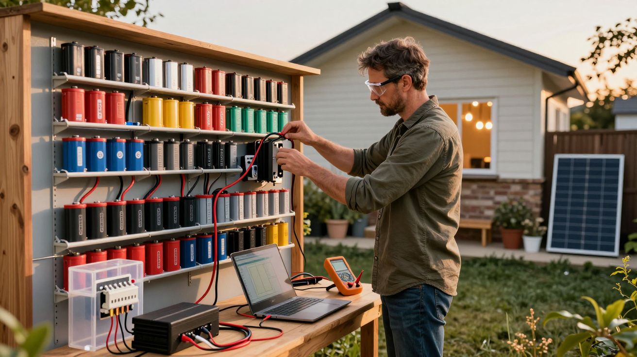 Homem a testar equipamento elétrico com baterias coloridas numa bancada ao ar livre junto a casa com painéis solares.